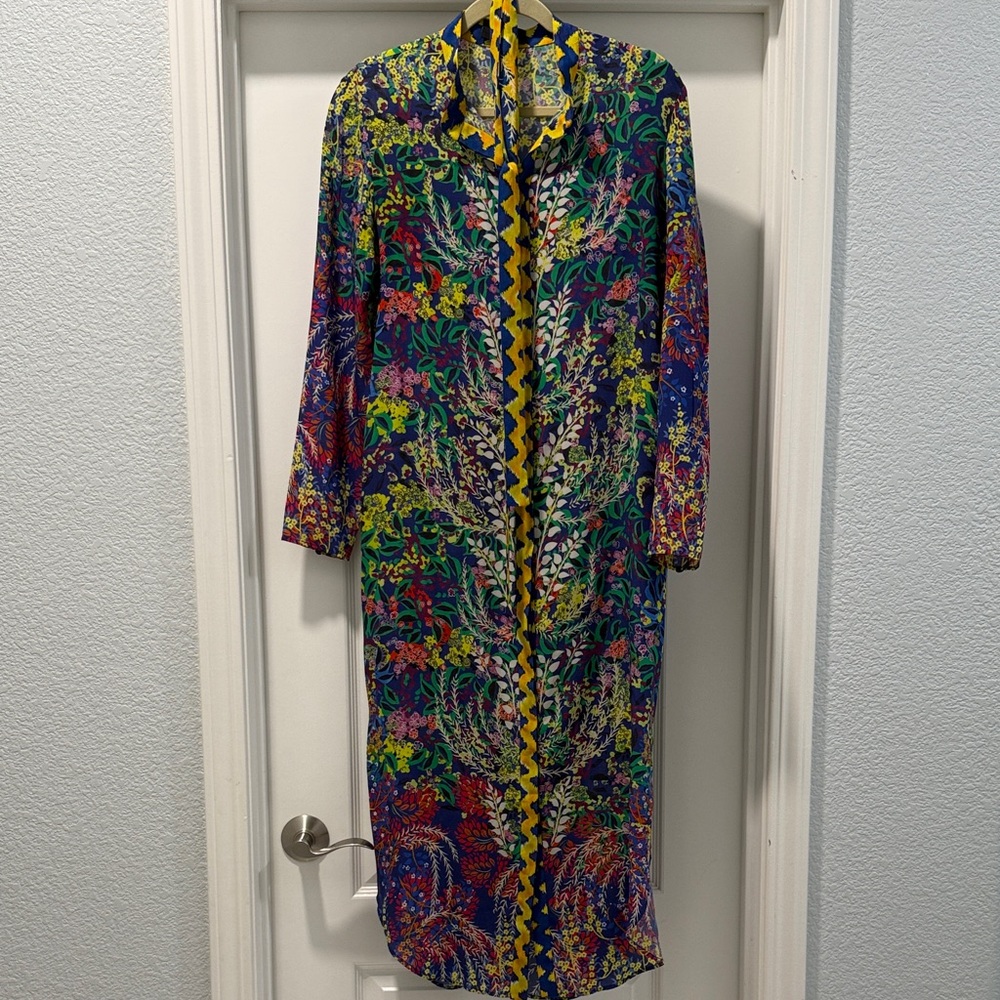 SALONI Multicolor Floral Long Sleeve Silk Dress with Yellow Trim